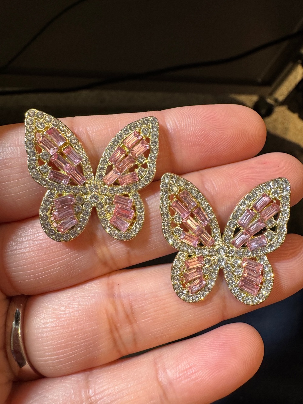 Pink Crystal Butterfly Stud Earrings - Women Jewelry
